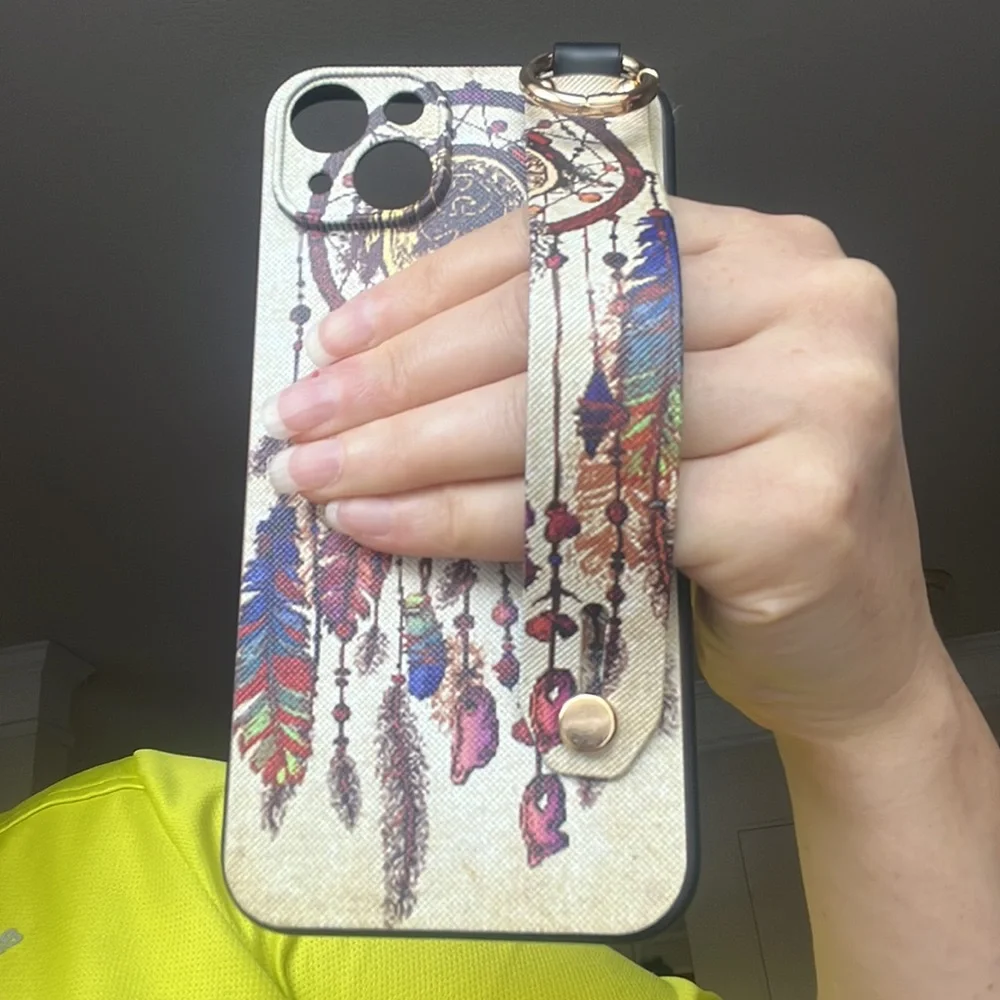 For iPhone 14 plus,14 pro max phone case with wrist strap kickstand keychain